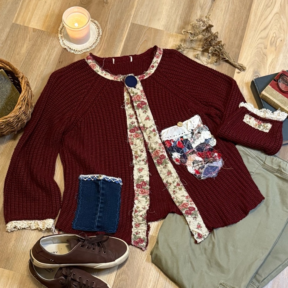 Upcycled Boho Cardigan Sweater Vintage and Textile Art Patches on Burgundy Knit